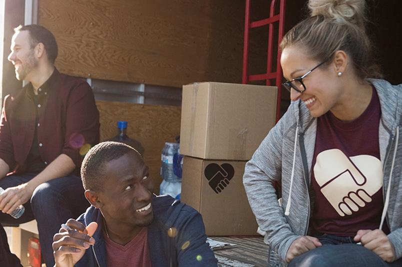 Students working at food bank